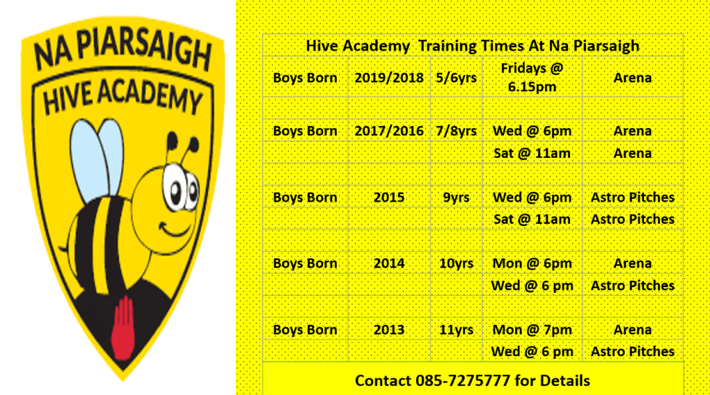 hive academy tranining times for Na Piarsaigh Corcaigh